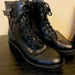 GBG Guess Womens Combat Boots Mid Calf Lace Up Zip Side Buckle Black Size 8.5M